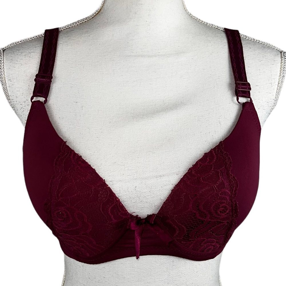 Emily Johnson Wine Colored Bra 34 D Lace Underwire Padded Cup